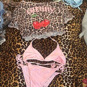 Pink Triangle String Bikini Set with Cherry Mesh Crop Top
